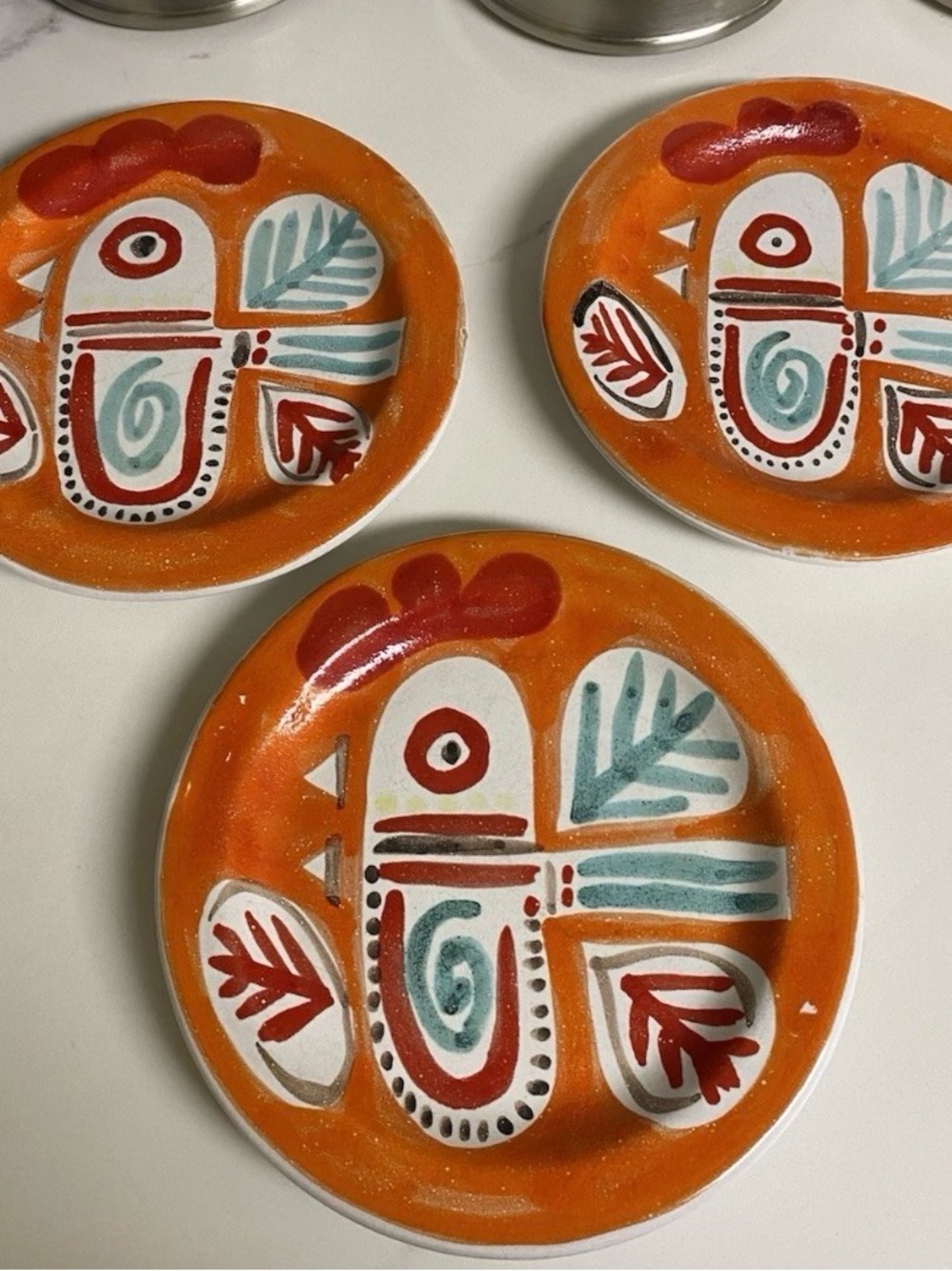 Vintage MCM Desimone Italy Art Pottery Abstract Plates Rooster 1960s 3Qty 8.5”